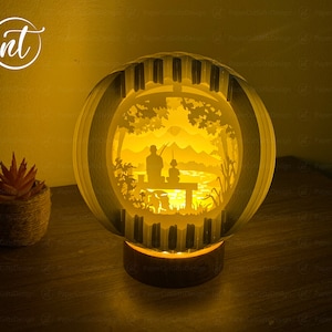 Padre e hijo Esfera de pesca Popup 3D SVG, Plantilla de corte de papel, Plantilla de tarjeta 3D emergente, Manualidades de papel DIY