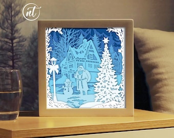 Merry Christmas with Santa and the snowman Paper Cut Shadow Box SVG (Digital Download)