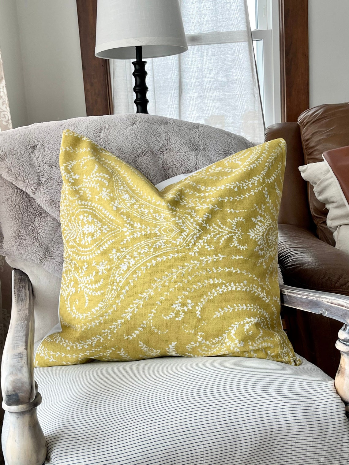 Damask mustard yellow Pillow cover Throw pillow farmhouse Etsy
