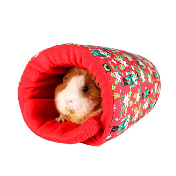 Festive Guinea Pig Fleece Tunnel - Nutcracker Pattern - Red Fleece - With Zorb Removable Pad - 5 Layers - Guinea Pig Hide - Guinea Pig Bed