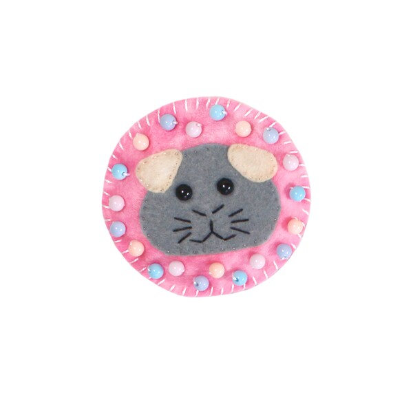 Felt Grey Guinea Pig Brooch - Handmade Guinea Pig Pin - Cute Pastel Beads - Pet Guinea Pig Badge - Cute Felt Corsage - Guinea Pig Gift