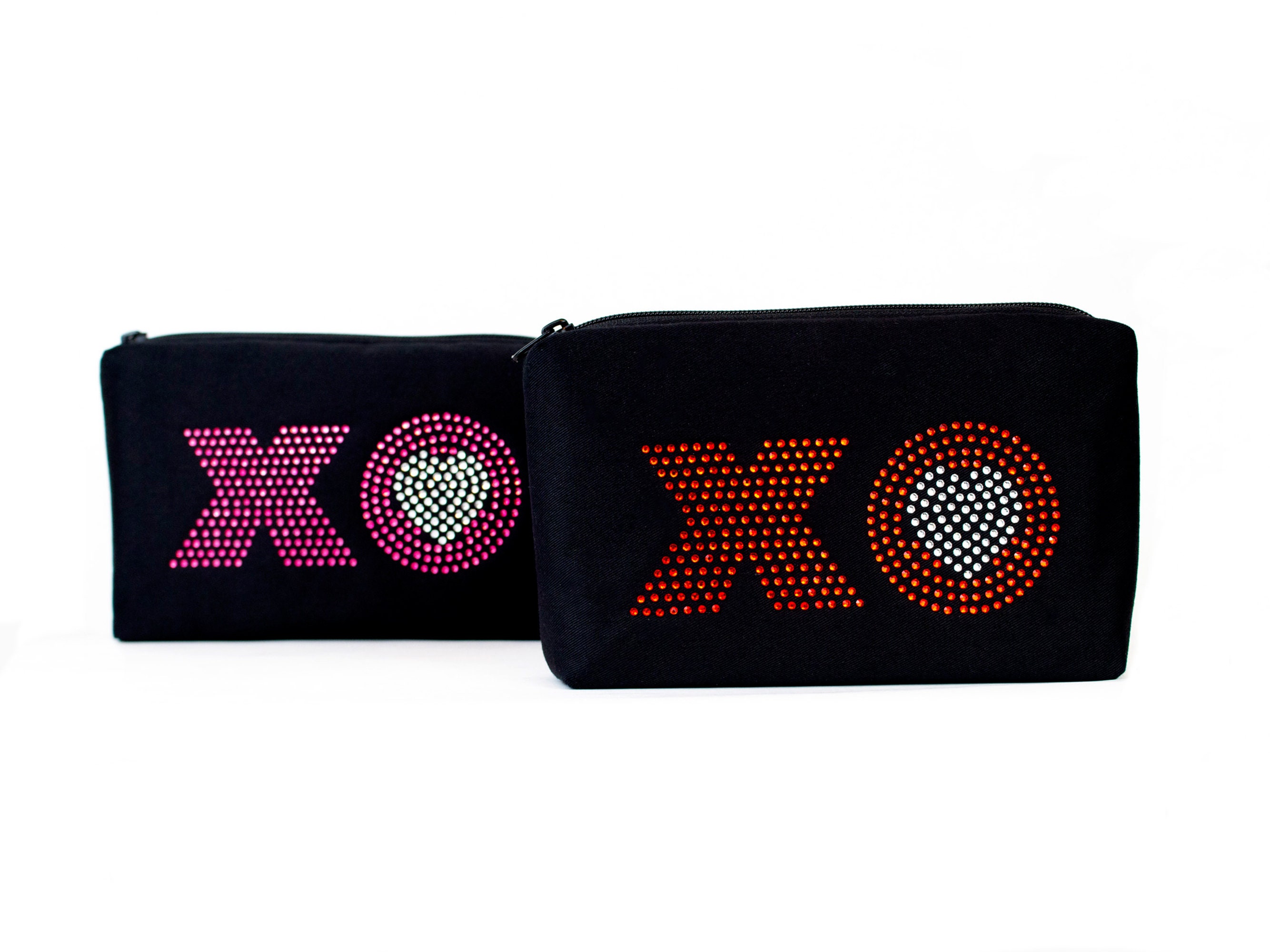 Rhinestone Cosmetic Bag, Black Zipper Pouch, XO Makeup Bag, Heart Pouch