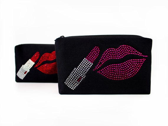 Rhinestone Makeup Bag, Black Make up Bag, Bling Lips Makeup Bag, Lipstick  Pouch, Black Cosmetic Bag, Black Makeup Pouch, Lined Zipper Bag. 