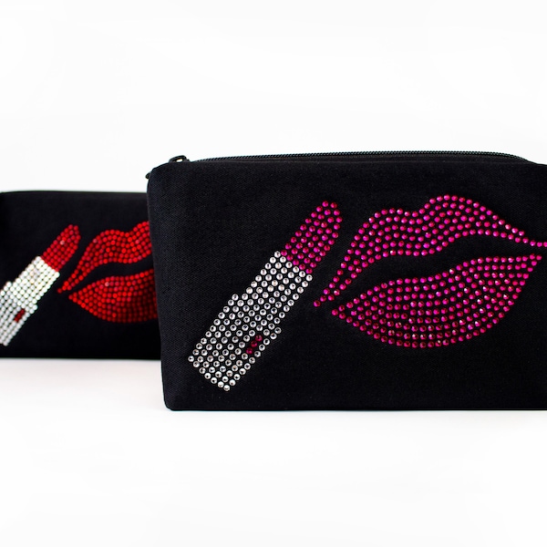 Rhinestone Makeup Bag, Black Make Up Bag,  Bling Lips Makeup Bag, Lipstick Pouch, Black Cosmetic Bag, Black Makeup Pouch, Lined Zipper Bag.