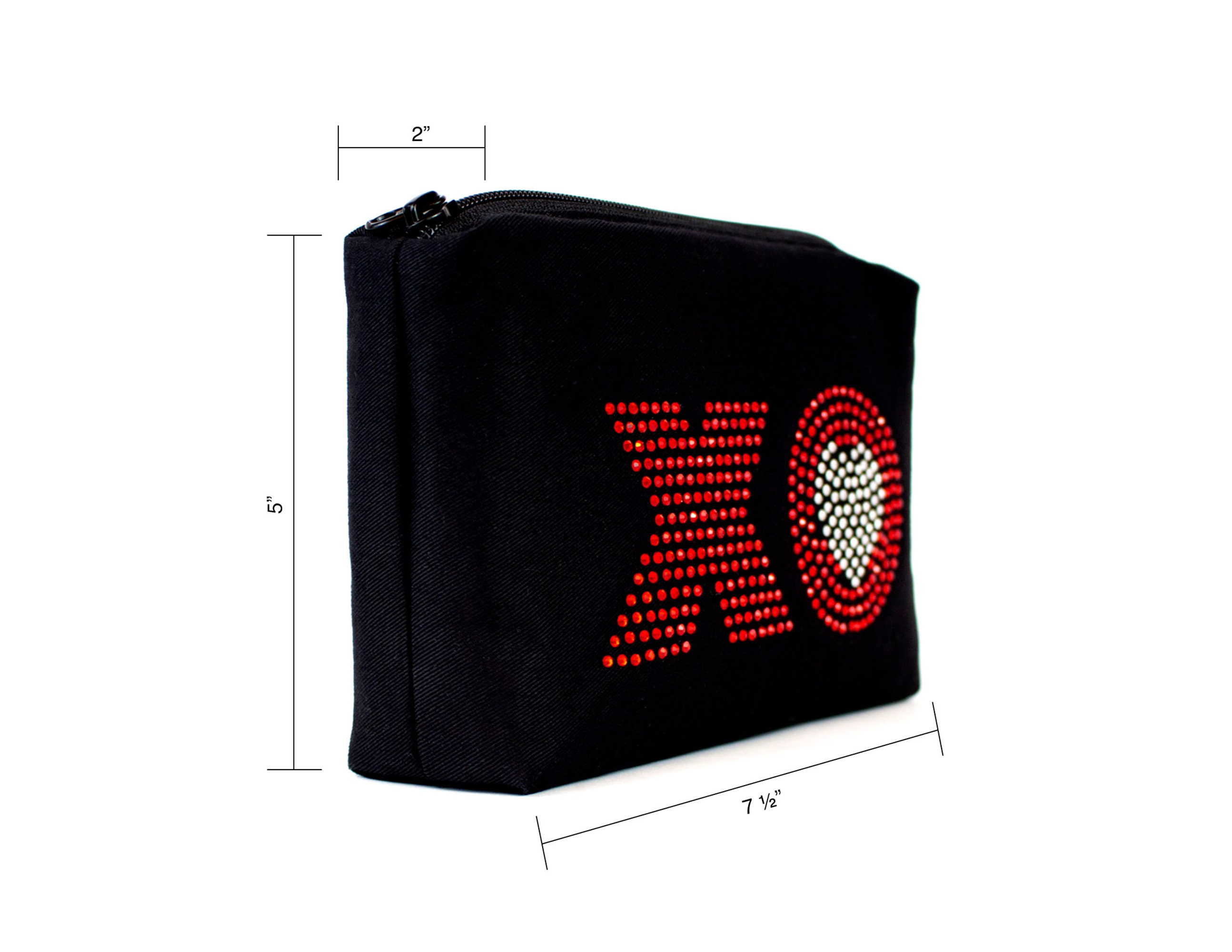 Rhinestone Cosmetic Bag, Black Zipper Pouch, XO Makeup Bag, Heart Pouch