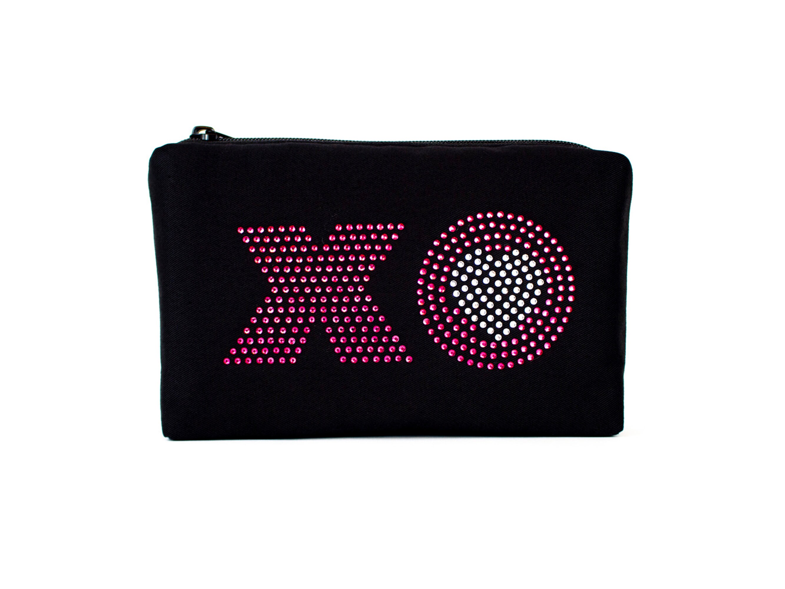 Rhinestone Cosmetic Bag, Black Zipper Pouch, XO Makeup Bag, Heart Pouch