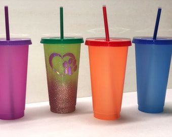 Customized Color Changing Cold Cups; Personalized, Permanent Vinyl Decal, Glitter Cold Cup Tumbler, High Quality, Coated, Straw included.
