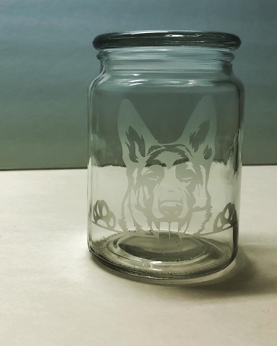 Custom Etched Glass Jar, 24 oz; Great for storing snacks, candies, dog treats, etc.. Heavy Duty glass jar with lid— Airtight and sturdy