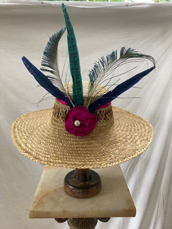 Straw Peacock Hat PEACOCK FEATHERS Standard Brim Straw HAT, Unisex Wooden Oak  main image 4