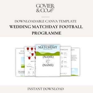 Può includere: Un modello Canva scaricabile per un programma di calcio del giorno del matrimonio. Il design presenta uno sfondo bianco con testo e grafica. Il programma include sezioni per la mascotte, i dettagli della squadra, la cronologia e gli eventi.