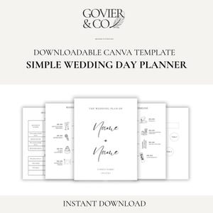 Può includere: Modello Canva scaricabile per un semplice wedding planner. Il design presenta il testo "Name + Name", "Venue Name" e "Date". Il planner è disponibile per il download immediato ed è in bianco e nero.