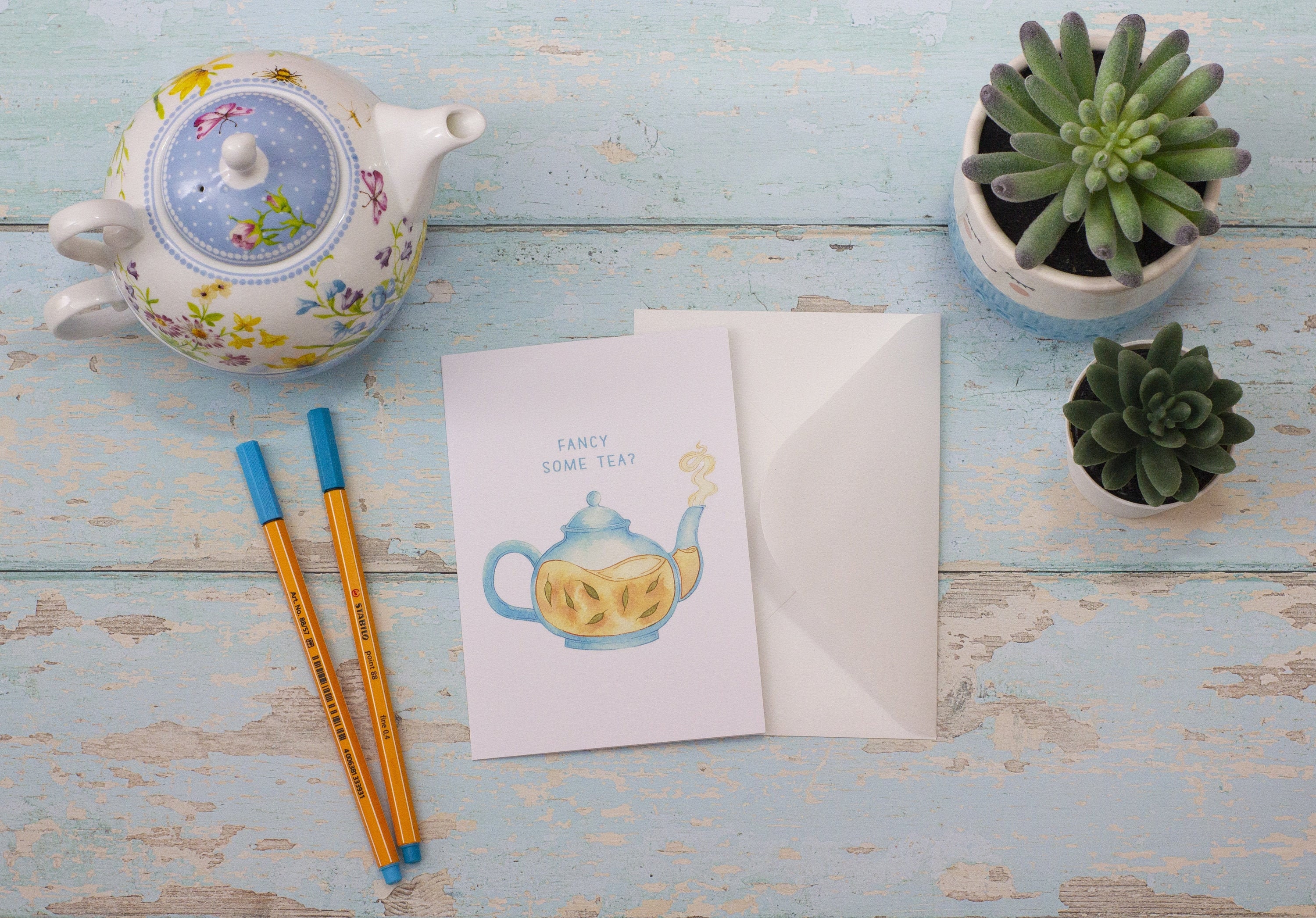 Teapot Birthday Card Fresh Brew for Tea Lovers Handmade Watercolour