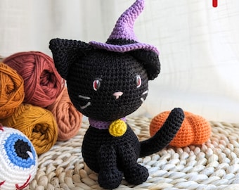 かぎ針編みの黒猫のパターン：ハロウィンの編みぐるみおもちゃ（PDF