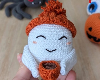 Crochet Ghost Pattern, Halloween Amigurumi with Hat and Cocoa (PDF Pattern)
