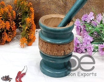 Farmhouse Theme Wood Mortar and Pestle,Primitive Mortar and Pestle,Vintage Kitchen Tool,Wooden whitewashed Natural Pestle and Mortal.