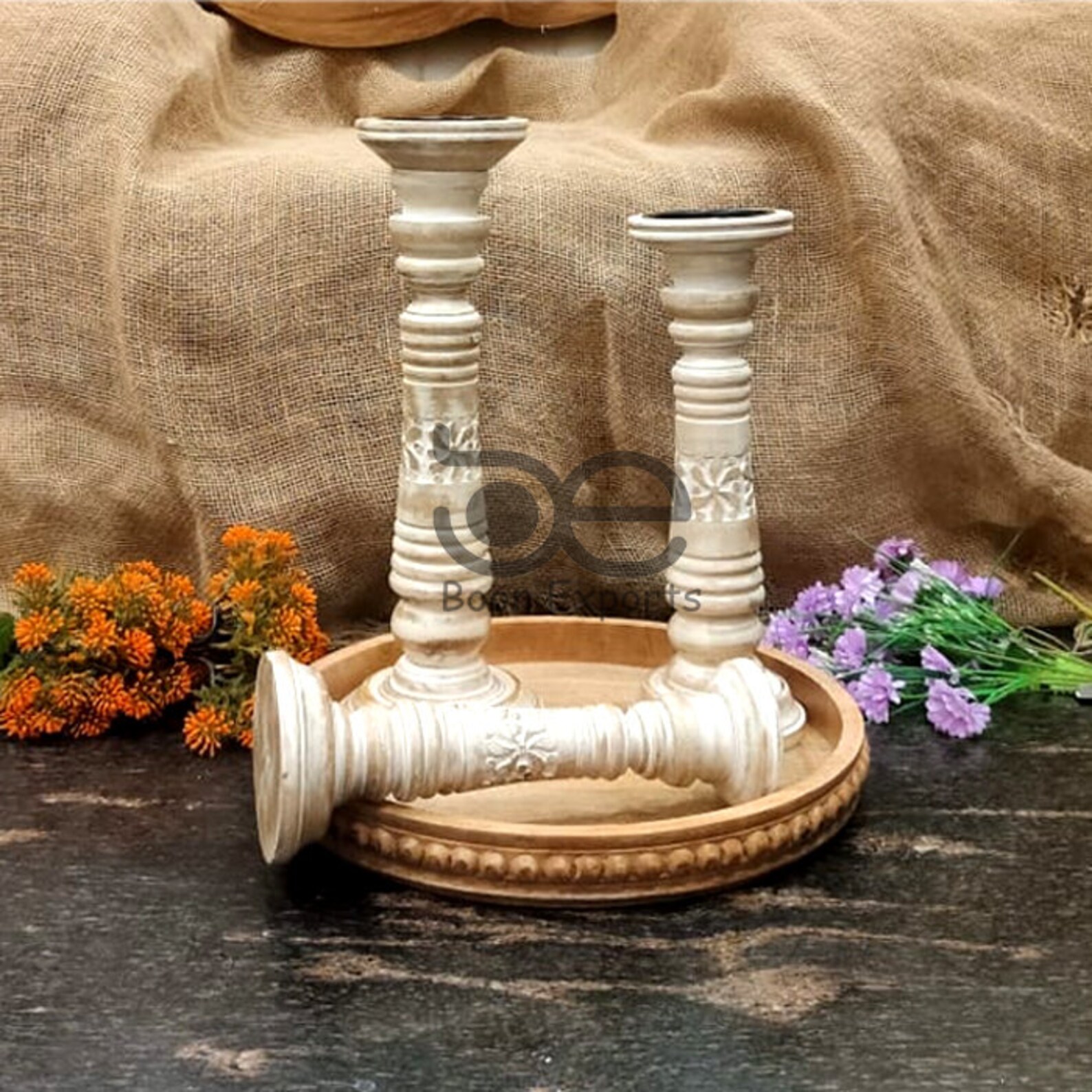 Wooden Whitewashed Pillar candle holderFarmhouse White Candle Etsy