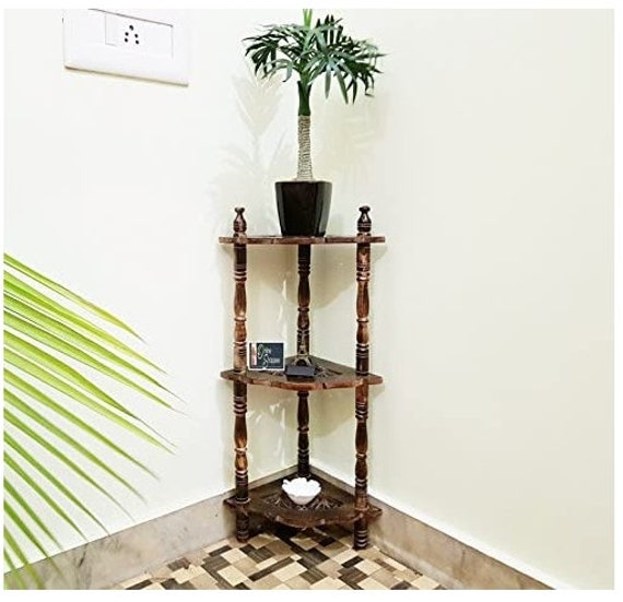 Wooden Corner Rack Side Table With 3 Shelf for Living Room Decor