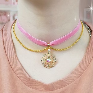 Kawaii Samt Choker - Stern und Mond in Pastellfarben mit Ketten