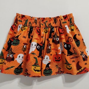 Halloween Cotton Print Skirt for Toddlers, Girls Halloween Print Skirt, Orange Halloween Print Skirt, Ghost, Cats, Owls Print Skirts