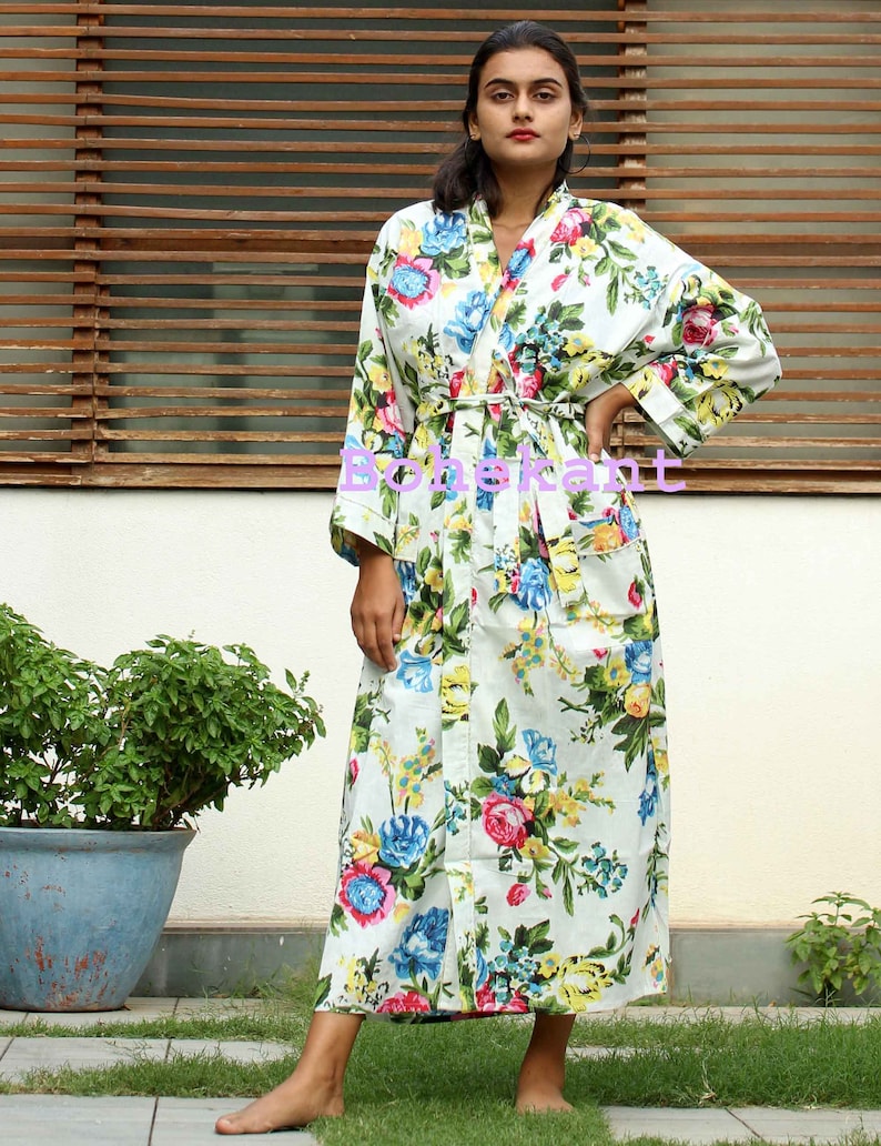 Japanese kimono style robe multi colored Kaftan 100/% cotton Jaipuri Kimono Robe free shipping Handmade Indian Printed Cotton Kimono
