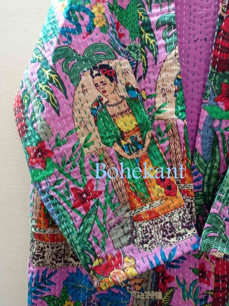 Handmade Dresses Hand Block Kantha Kimono Indian Bath Robe IndIan handamde Pinck Color Farida Khalo Printed Kimono Free Shipping