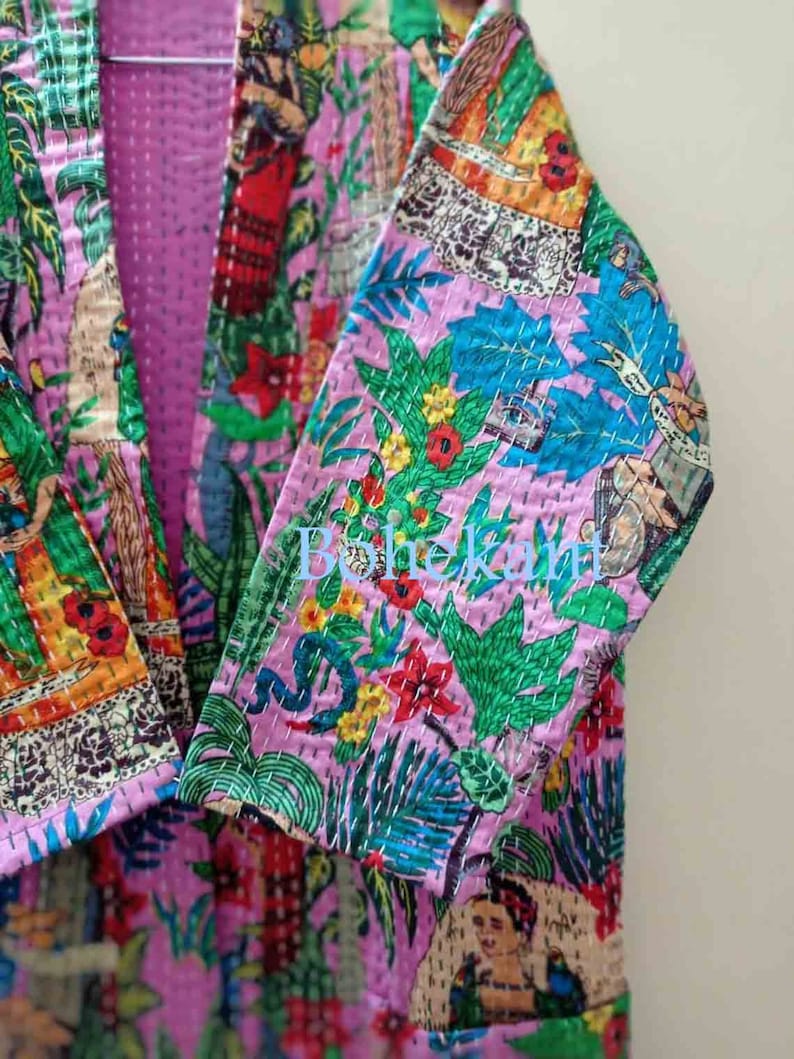 Handmade Dresses Hand Block Kantha Kimono Indian Bath Robe IndIan handamde Pinck Color Farida Khalo Printed Kimono Free Shipping
