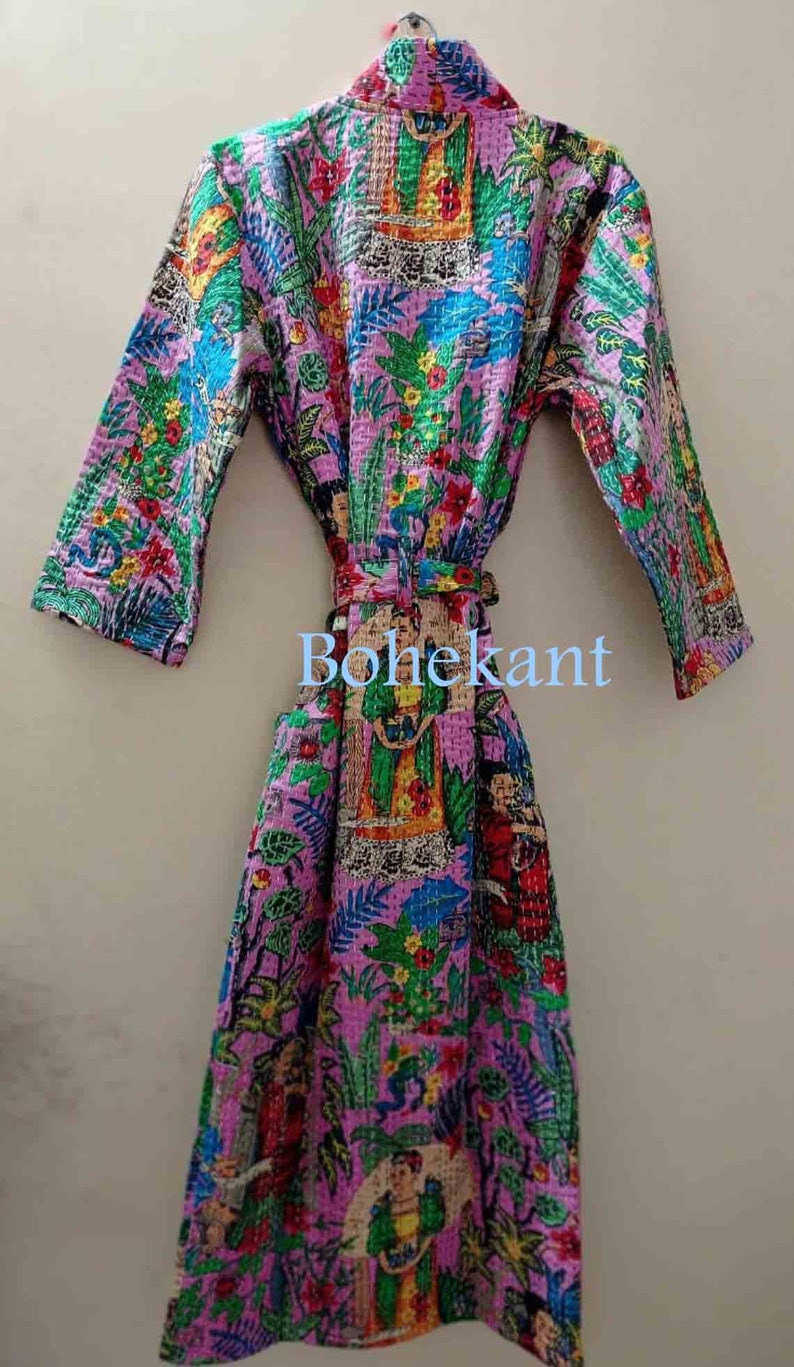 Handmade Dresses Hand Block Kantha Kimono Indian Bath Robe IndIan handamde Pinck Color Farida Khalo Printed Kimono Free Shipping