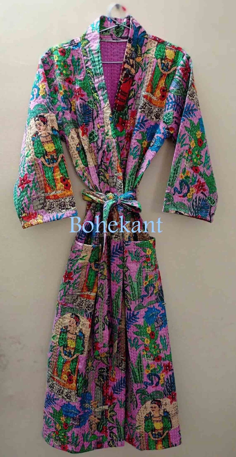 Handmade Dresses Hand Block Kantha Kimono Indian Bath Robe IndIan handamde Pinck Color Farida Khalo Printed Kimono Free Shipping
