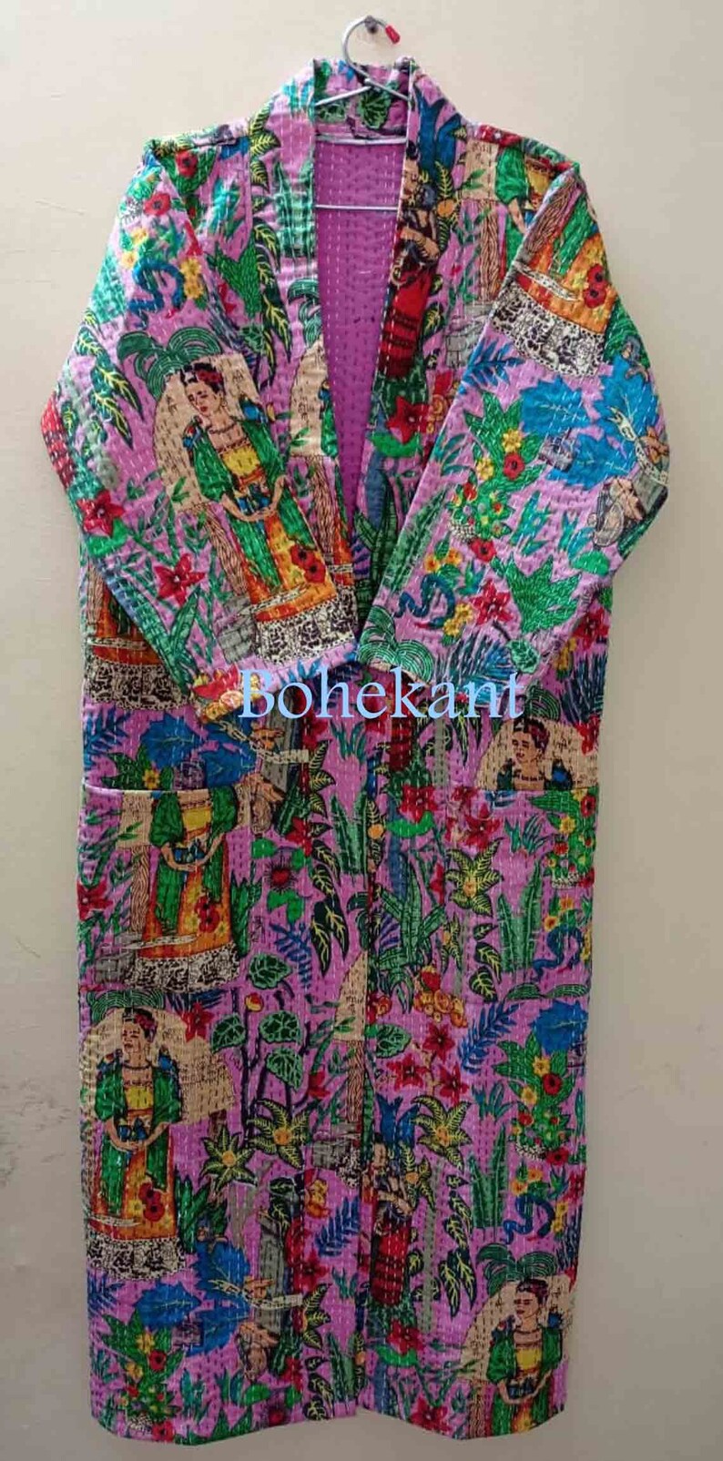 Handmade Dresses Hand Block Kantha Kimono Indian Bath Robe IndIan handamde Pinck Color Farida Khalo Printed Kimono Free Shipping