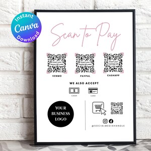 May include: A framed white sign with the text "Scan to Pay" in pink script. It includes QR codes for Venmo, PayPal, and CashApp, along with icons for cash and card payments. A circle reads "Your Business Logo."