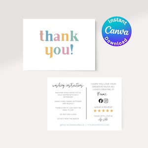 May include: A white card with the words "thank you!" in pastel colors. The card also includes washing instructions, social media icons, a request to leave a review, and the text "Instant Canva Download."