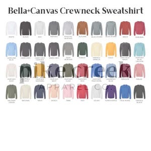 以下が含まれることがあります： Bella+Canvasクルーネックのスウェットシャツのカラーチャート。白、黒、グレー、青、緑、ピンクなど、さまざまな色が画像に表示されています。「Bella+Canvas Crewneck Sweatshirt」というテキストが上部にあります。