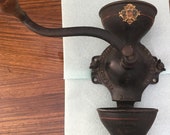 RARE ALL ORIGINAL Enterprise Cast Iron Coffee Grinder Model No. 00 Style No. 2140 Antique Wall Mounted VintageHand Crank Cup Catch Art deco