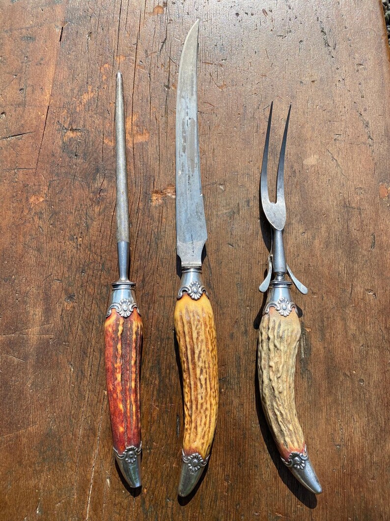 Antler Carving Set 9 Bladed Knife Sharpener and Carving Fork | Etsy