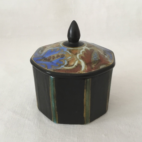 Gouda Pottery Hand Painted, Rosevil Lidded Trinket, Vanity Box