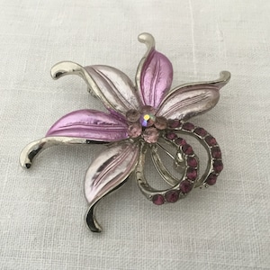 Pinkish Lavender and Silver Enamel Orchid Brooch with Rhinestones