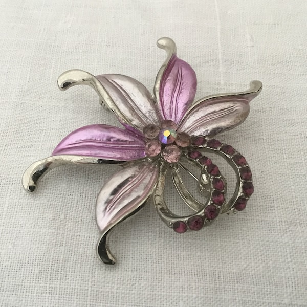 Pinkish Lavender and Silver Enamel Orchid Brooch with Rhinestones