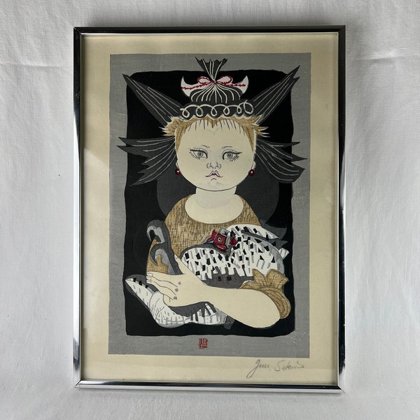 Jun’ichiro Sekino “Girl with Chicken” Framed Woodblock Print, Original Japanese Woodblock Print