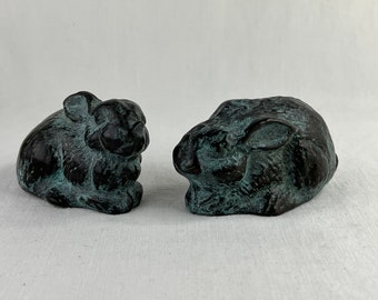 Two Cast Metal Crouching Bunny Sculptures with Verdigris, Cast Brass Bunny Sculptures, Brass Rabbit Sculpture