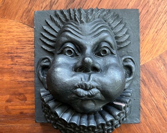 Figurative Sculptural Clay Plaque. Sculptured Face Plaque