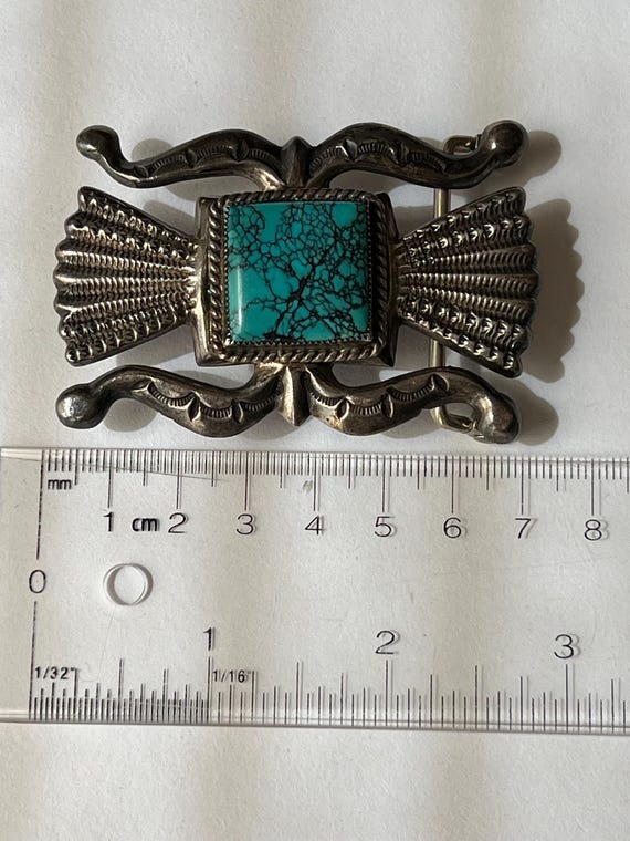Wilson Begay Sand-cast Sterling and Turquoise Belt Buckle  display picture 2
