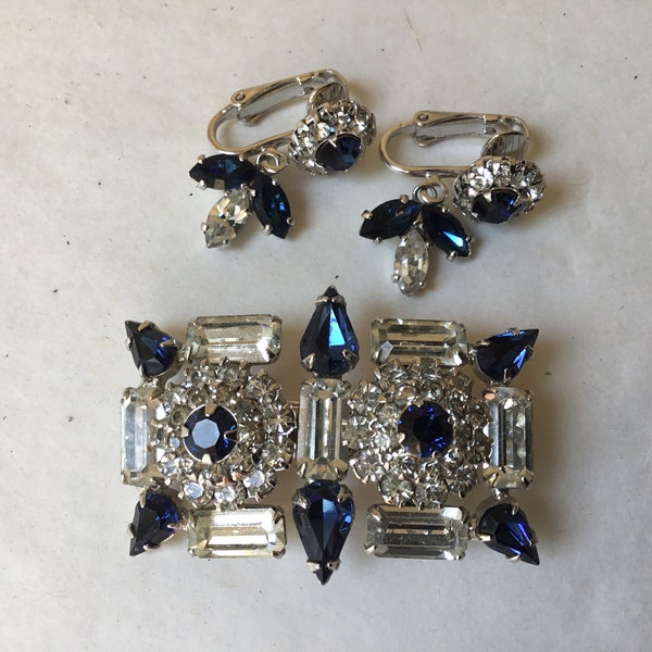 Deep Sapphire Blue and Crystal Sherman Earrings and Matching Brooch, Sherman Jewelry, Sherman