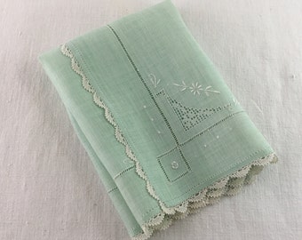 Finest Pale Green Cotton Lawn Drawnwork, Embroidered, Lace Edge Handkerchief