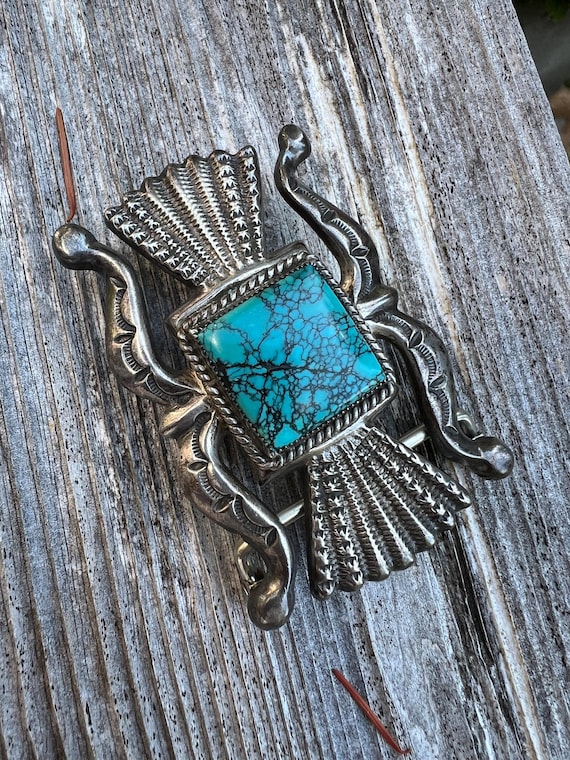 Wilson Begay Sand-cast Sterling and Turquoise Belt Buckle  display picture 2