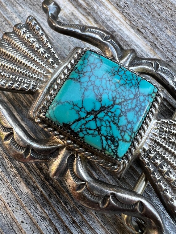 Wilson Begay Sand-cast Sterling and Turquoise Belt Buckle  display picture 1