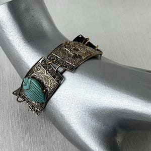 Egyptian Style Linked Panel Bracelet, Vintage Panel Bracelet, Egyptian Theme Bracelet