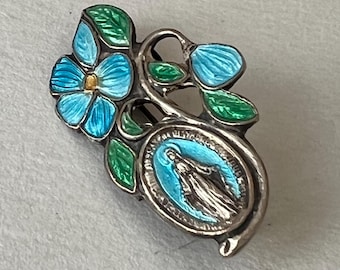 Mother Mary Silver and Enamel Medallion Pin, Christian Enamel Pin, Virgin Mother Enamel Pin