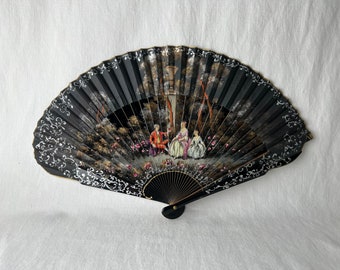 Vintage Handpainted Historic Garden Scene Hand Fan, Hand Painted Hand Fan, Vintage Hand Fan