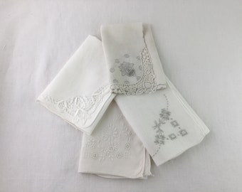 Vintage Linen and Cotton Handkerchiefs, Embroidered Openwork Handkerchiefs, Set of Four Handkerchiefs