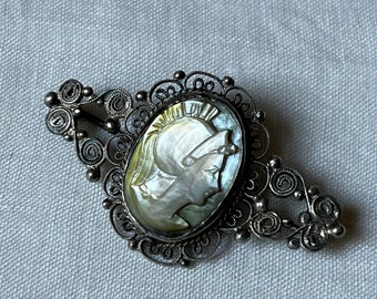 Antique Roman Head Shell Cameo Filligree Brooch, Carved Mother of Pearl Roman Soldier Cameo Brooch